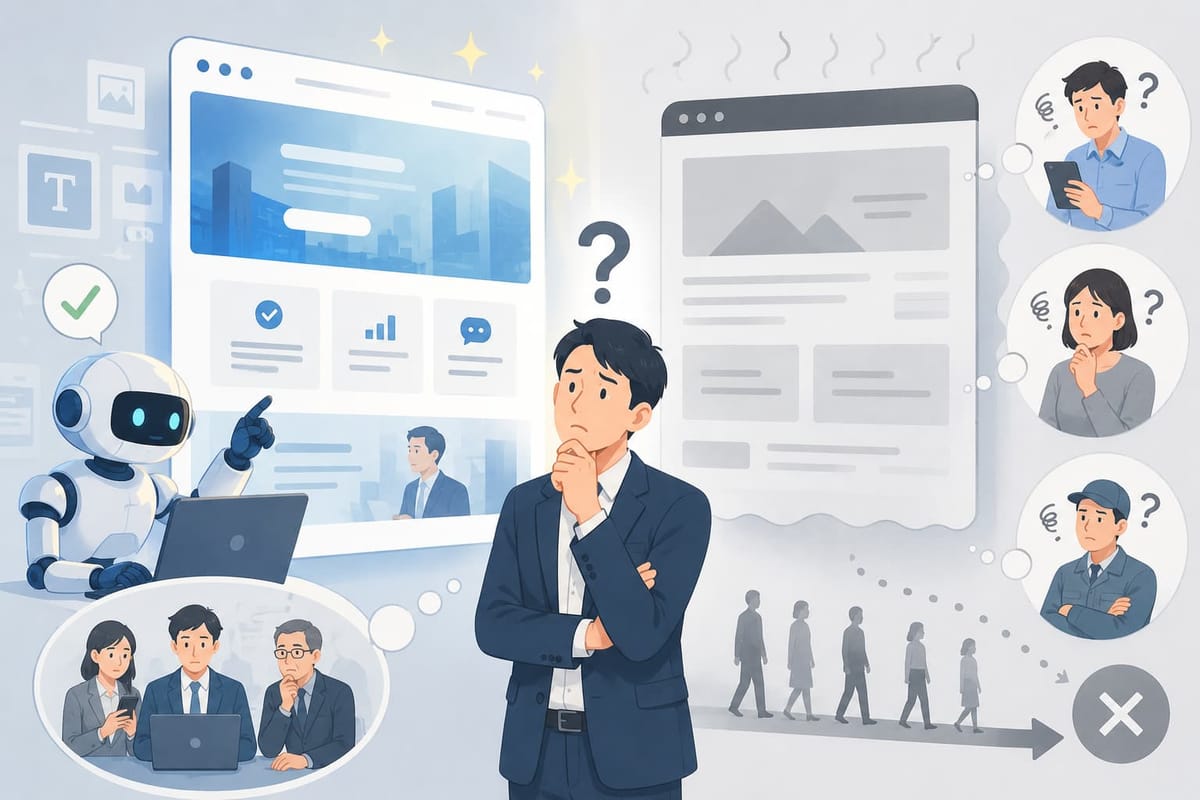 AIが作った整ったLPを前に考え込む男性と、そのLPを見た人々が「？」を浮かべて離れていく様子を描いた、誰向けなのか分からないLPを表すイラスト